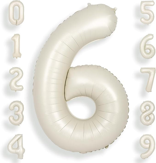 SUWEN 40 Inch Cream White Large 6 Number Balloons Big Foil Helium Number Balloons 0-9 Jumbo Happy 6th Mylar Birthday Party Decorations for Boy or Girl Anniversary Party Supplies