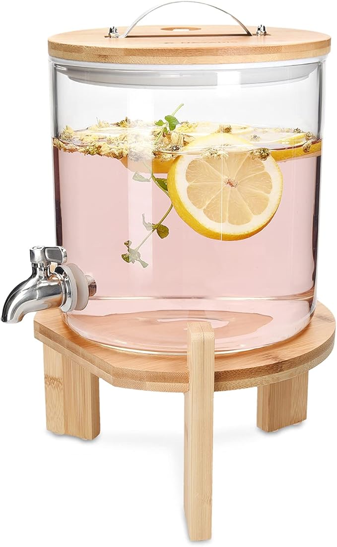 Navaris Beverage Dispenser with Stand - 1.3 Gallon (5L) Glass Drink Dispenser with Spigot, Lid, Wood Stand for Hot or Cold Drinks, Ice Water, Parties