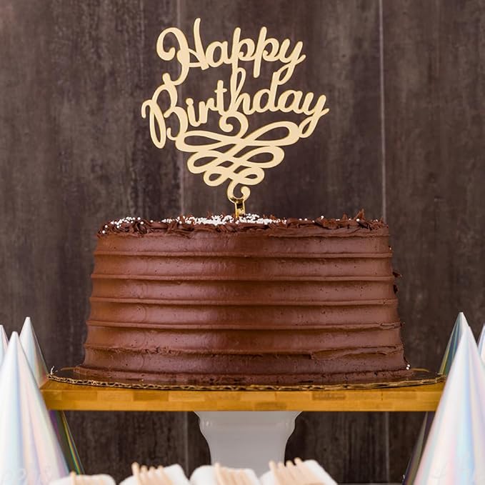 Restaurantware-Top Cake Happy Birthday Cake Topper, 1 Mirrored Birthday Cake Decoration - With Swirls, Durable, Gold Acrylic Birthday Topper For Cakes, Party Decoration for Birthday