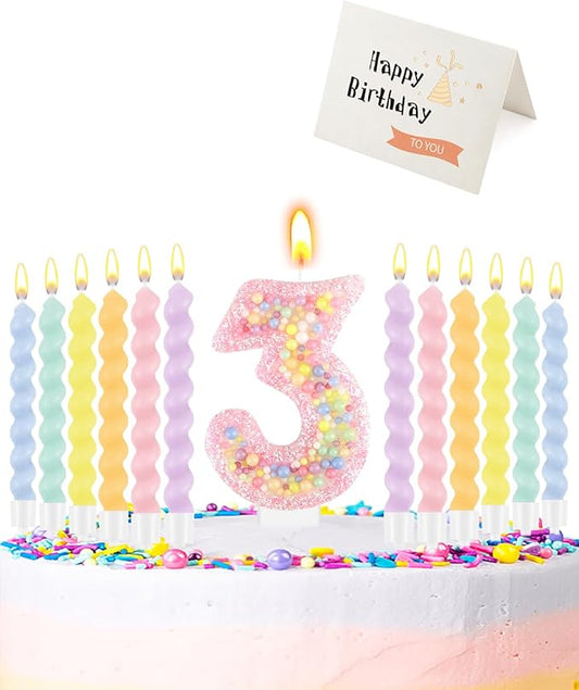 Birthday Candles for Cake, Macaron Number Candles, Cake Candles with Greeting Card for Birthday Party Wedding Anniversary Celebrations (3 Candle)