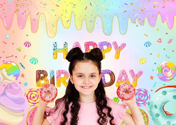 Mocsicka Donut Happy Birthday Backdrop for Girls Sweet Candy Birthday Party Decorations Background Cake Table Banner Donut Ice Cream Birthday Photography Background (7x5ft (82x60 inch))