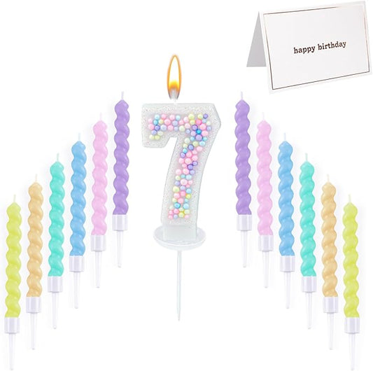 Number Birthday Candle with 12PCS Spiral Candles and A Birthday Card - Perfect for Celebrating Birthdays (Macaron Glitter, Number 7)