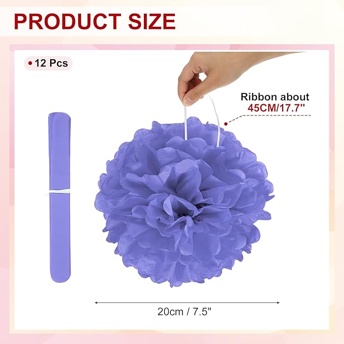 PATIKIL 8inch Tissue Paper Pom Poms, 12PCS Pom Poms Paper Flowers Ball Tissue Paper Flowers for Wedding Bridal Shower Birthday Bachelorette Party Backdrop Decoration, Purple
