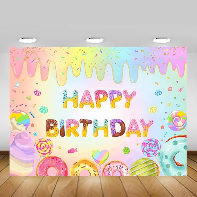 Mocsicka Donut Happy Birthday Backdrop for Girls Sweet Candy Birthday Party Decorations Background Cake Table Banner Donut Ice Cream Birthday Photography Background (10x8ft(120x96 inch))