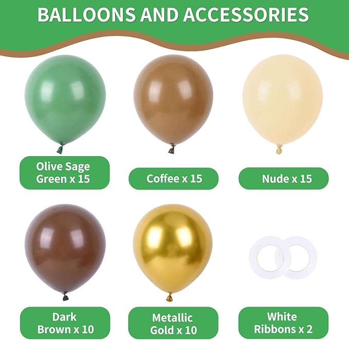 RUBFAC Sage Green and Brown Balloons, 65pcs Olive Green Dark Brown Coffee Nude Gold Metallic Party Balloons for Camo Army Hunting Birthday Jungle Safari Woodland Floral