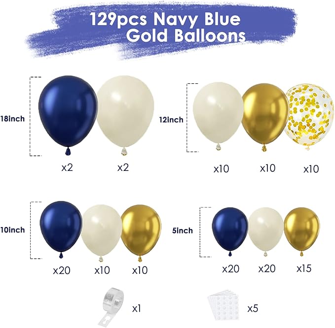 Navy Blue Gold White Balloons Arch Kit -129pcs Double Stuffed Royal Blue Chrome Gold Pearl Sand White Confetti Balloons Garland for Graduation Fathers Day Birthday New Year Wedding Party Decorations