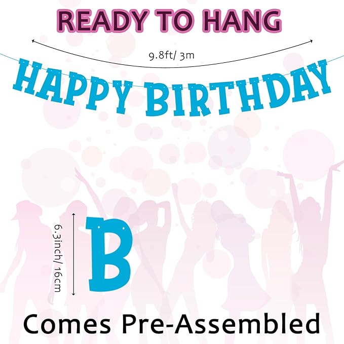 Pre-Strung Blue Birthday Decorations Boys - 9PCS Happy Birthday Banner Hanging Swirls Decorations Supplies Cheers to Boy's Birthday Party