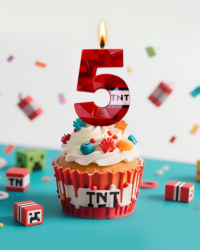 Number 5 Red Pixel Birthday Candle, TNT Themed Birthday Candles for Cake, 2.70 Inch Green Miner Number Candles, Game Themed Candle Birthday Decoration, Red Birthday Cake Topper for Boys Girls Party