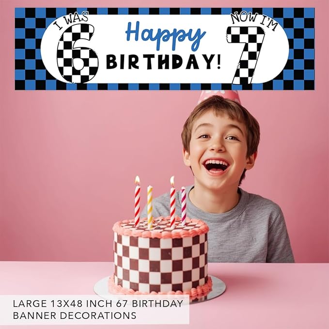 Andaz Press 13x48 Inch 6 7 Birthday Banner Decorations, I Was 6 Now I'm 7 Birthday Banner Blue Checkered 67 Happy Birthday Party Banner for Boys or Girls, Home or Party Decor Backdrop Sign
