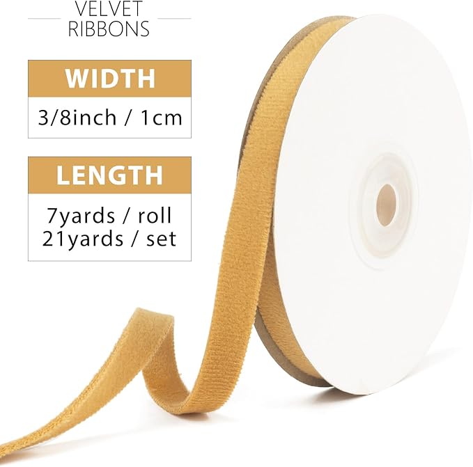 Khaki Velvet Ribbon 3/8 Inch x 21Yd Vintage Gold Thin Velvet Ribbon Double Faced Ribbons Set for Christmas Tree Ornaments Gift Wrapping Wedding Decoration Wreath & Hair Bows