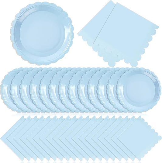 120 Pcs Light Blue Paper Plates and Napkins Party Supplies Bulk Disposable 7 Inch Scalloped Plates Cocktail Napkins for Wedding Bridal Baby Shower Birthday Decorations, Serve 60 Guests