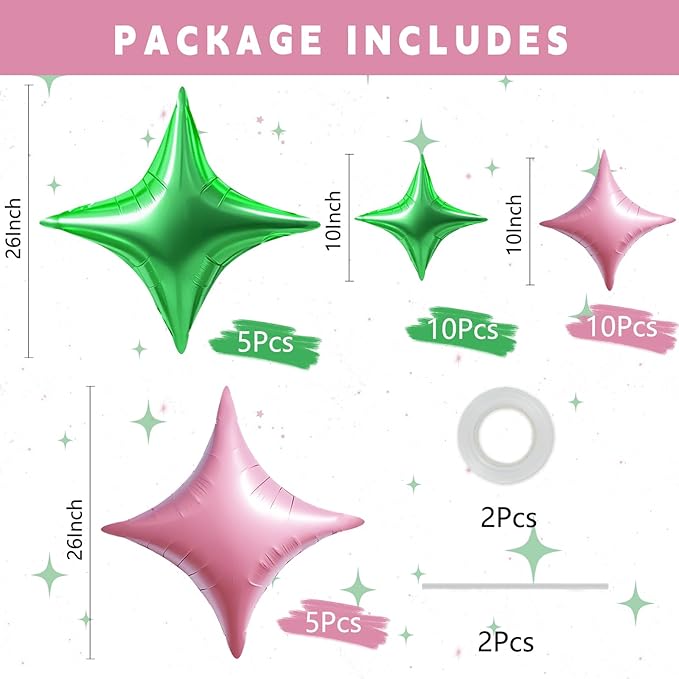 TONIFUL 30Pcs 26In&10In Star Balloons Green Light Pink Four Pointed Foil Mini Star Mylar Balloons for Birthday Wedding Baby Shower Anniversary Engagement Party Decor Supplies