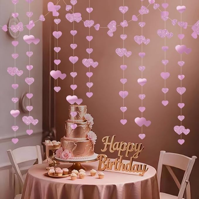 Pink Heart Garland Hanging Sparkling Love Streamer Glitter Bunting Banner Twinkle Heart Backdrop for Wedding Engagement Valentines Galentines Birthday Party Decor 40 Feet