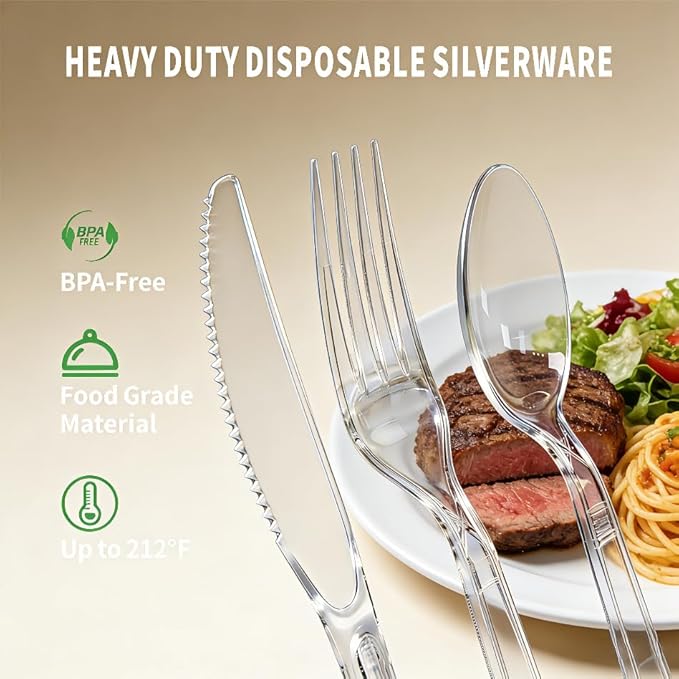 Plastic Silverware-360 Count Plastic Utensils Set, 150 Clear Forks, 60 Knives, 150 Spoons, BPA-Free, Heat Resistant, Disposable Cutlery Heavy Duty for Party Everyday Use