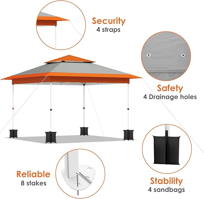Arlopu Pop Up Canopy Tent with 1-Person Set up, Camping Instant Durable Shelter, Outdoor Gazebo Beach Shade with Wheeled Bag, 4 Sand Bags for Weight (Orange, 13FTX13FT)