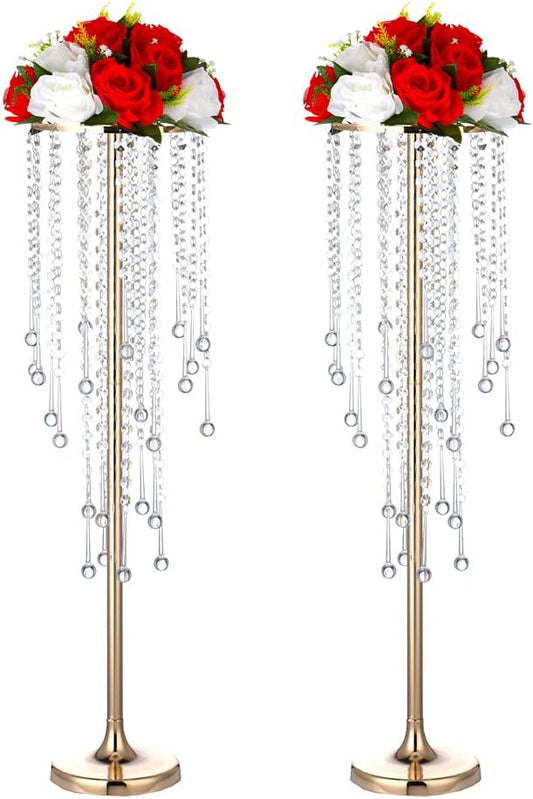 29.5in Gold Wedding Centerpieces for Table, 2Pcs Tall Vases Wedding Centerpieces with Sparkling Crystal Beads, Metal Flower Stand for Wedding Reception Birthday Party Events Home Decor