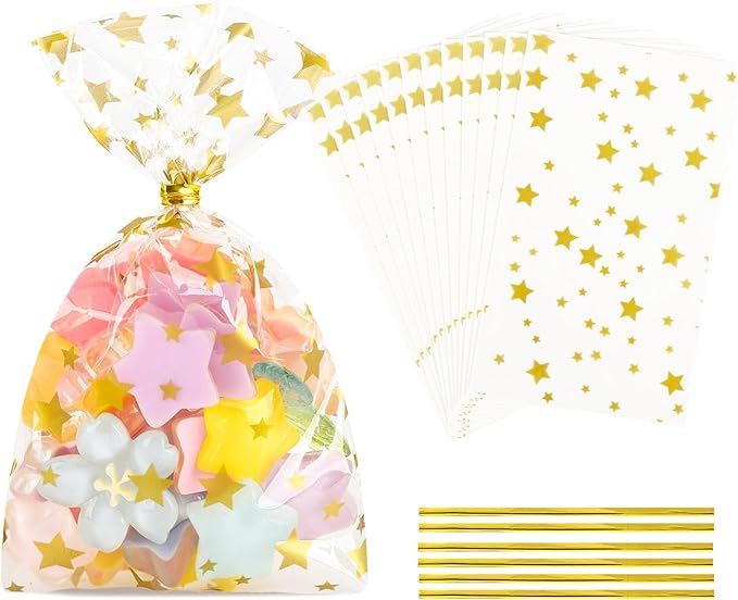 100 Pack 3x5 Inch Gold Star Clear Cellophane Treat Bags, 1.4 Mil Plastic Candy Cookie Bags with 100 Gold Twist Ties for Valentine, Classroom Gifts, Candy, Bakery, Party Favor