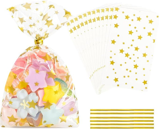100 Pack 3x5 Inch Gold Star Clear Cellophane Treat Bags, 1.4 Mil Plastic Candy Cookie Bags with 100 Gold Twist Ties for Valentine, Classroom Gifts, Candy, Bakery, Party Favor