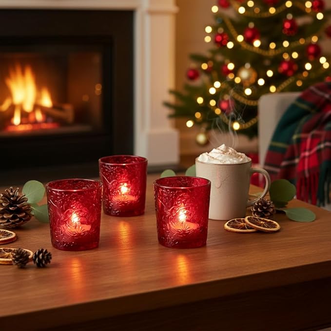 12 Pack Hummingbird Embossed Glass Candle Holders – Votive Tealight Holders with Patent Design, Decorative Embossed Glass Cups for Wedding Centerpieces, Parties, and Home Décor (Crimson Glow)