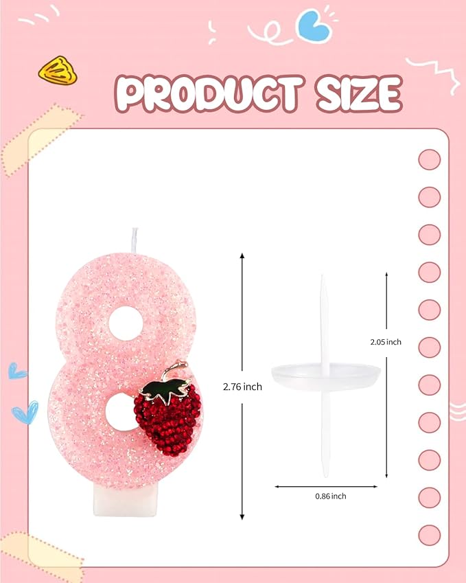Birthday Candles for Cake, Pink Number Candles, Cake Candles with Greeting Card for Birthday Party Wedding Anniversary Celebrations (Strawberry 8 Candle)