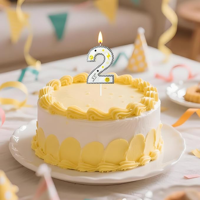 Number 2 Birthday Candle for Cake – 2.7 Inch Large Size Black White Checkered Smiley Design with Lightning & Star – two Happy Dude Theme Cake Topper Decoration