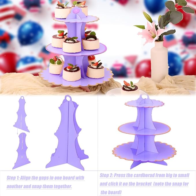 MRPAPA Cardboard Cupcake Stands, Set of 2 Tiered Dessert Trays - 3 Tier Paper Cupcake Tower Holder for 24 Cupcakes, Perfect for Girls' Birthday and Baby Shower Parties (Purple and Gold)