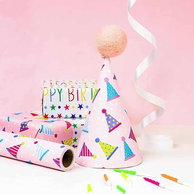 MAYPLUSS Birthday Gift Wrapping Paper Roll - 17Inch X 16.5Feet - Reversible Luxury Pink Girly Birthday Party Hat, Happy Lettering Gift Wrap for Kid Girl, Baby Shower, Party, Holiday