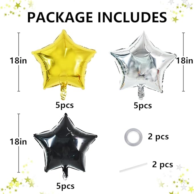 TONIFUL 15Pcs 18 Inch Large Gold Silver Black Star Shape Foil Balloons Big Stars Helium Mylar Ballons for Birthday Wedding Bridal Shower Anniversary Engagement Party Decorations Supplies
