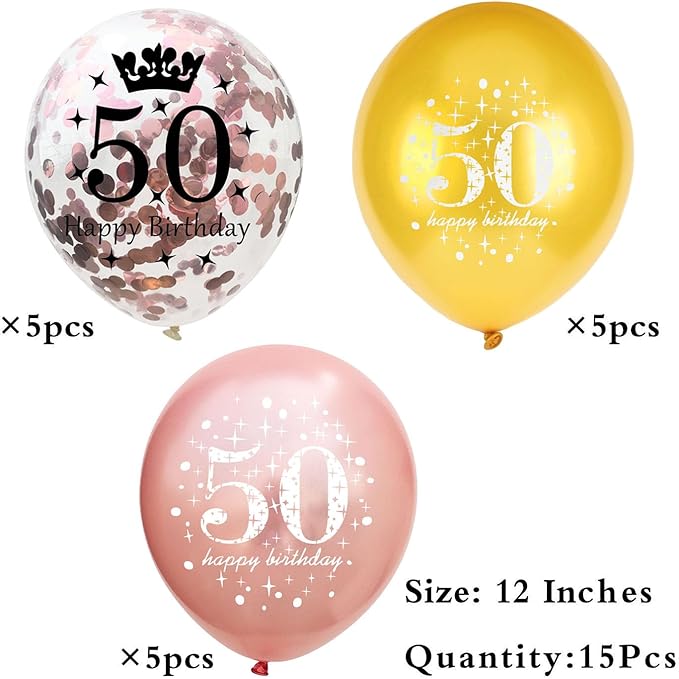 SHUNTAI 50th Birthday Balloons Women Rose Gold 50th Birthday Decorations for Her Happy 50th Birthday Latex Confetti Balloon 50 Years Old Anniversary Theme Birthday Party Supplies 15 Pack 12 Inch