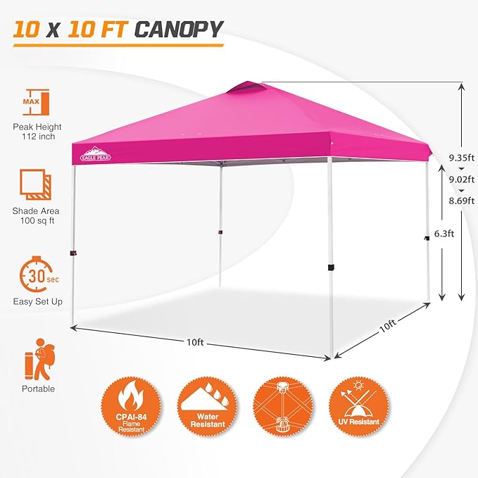 EAGLE PEAK Pop Up Canopy Tent with Wheeled Carry Bag, 8 Stakes, 4 Ropes, 4 Weight Bags, Easy Set Up Tent Canopy, 10x10 ft, 100sqft of Shade, Pink
