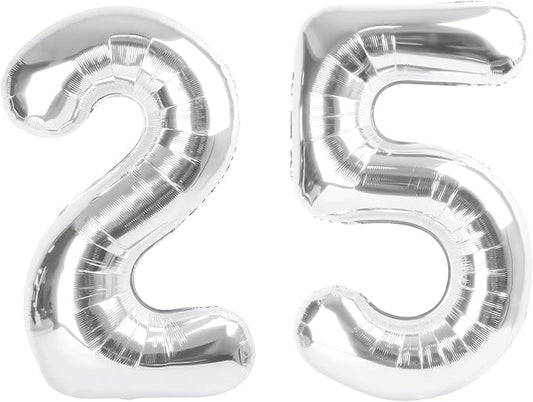 40 Inch Number 25 Balloons, Happy 25th Birthday Decorations for Women, Silver Foil Large Ballon for 2 5 25 52 Birthday Party Wedding Anniversary Supplies