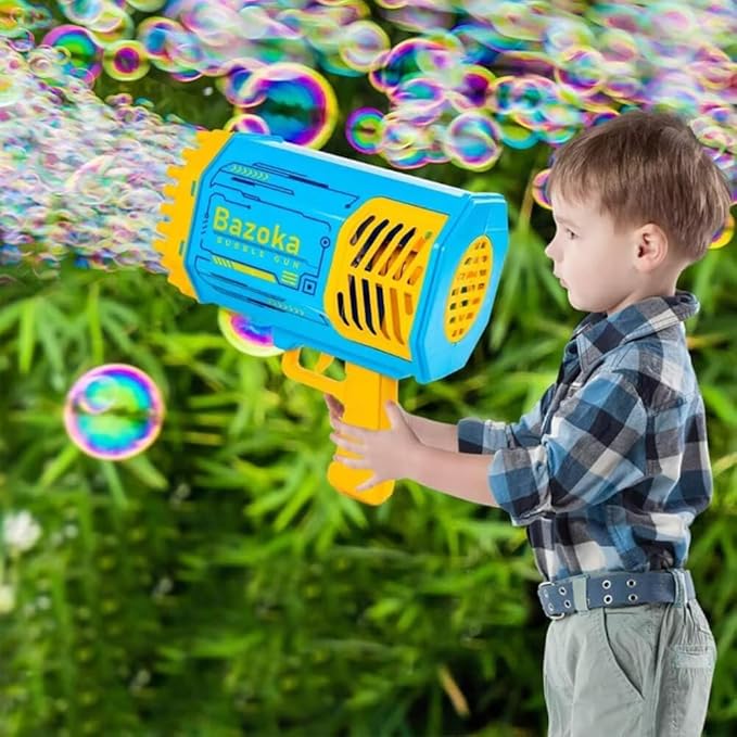 Bubble Gun Bazooka Machine with Solution - 69 Holes Blaster for Outdoor Summer Toy, Party Favors - Blue Easter Bubble Maker Blowers for Kids