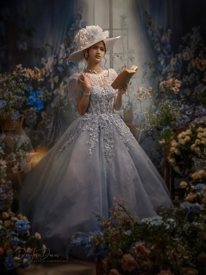 Kate Blue Flower Curtain Window Room Backdrop Romantic Retro Wedding Birthday Background for Photography 7x5ft