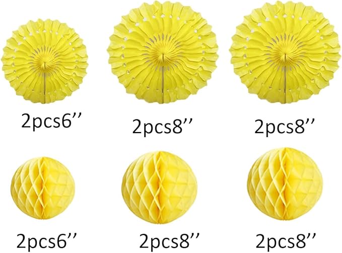 12pcs 6’’ 8’’ Honeycomb Balls Tissue Paper Fans Party Honeycomb Ball Fans Wall Tissue Pom Poms Flower Balls Hanging Paper Fans for Party Baby Shower Birthday Wedding Nursery Wall Decor(Yellow kit)