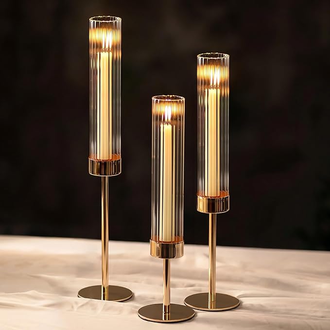 NUPTIO Tall Candlestick Holders for Centerpiece: Hurricane Candle Stick Holders with Ribbed Glass Sleeve - Gold Metal Candleholder Set of 3 for Table Fireplace Living Room Decor