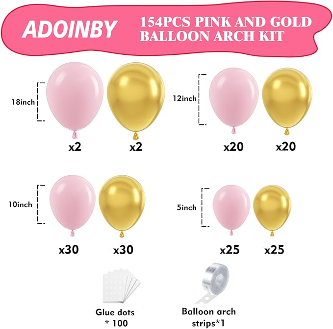 Pink and Gold Balloon Arch Kit, 154Pcs Baby Pink Metallic Gold Latex Balloon Garland kit, 18 12 10 5 Inch Different Size Balloons for Birthday Galentine's Day Valentine's Day Party Decorations
