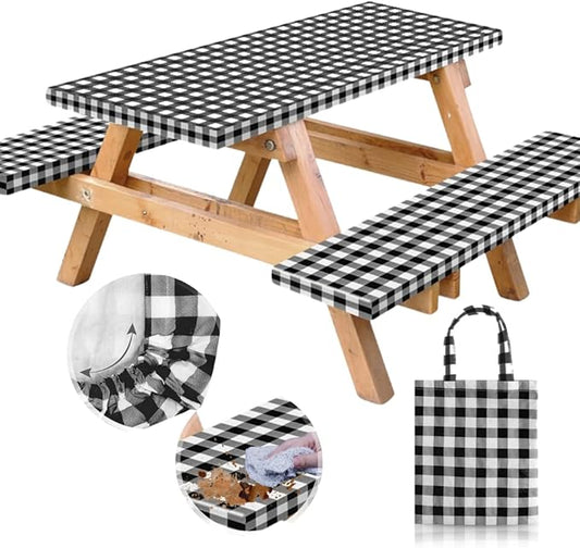 RNOONY Vinyl Fitted Picnic Table Cover with Bench Covers and Bag,8ft Outdoor Waterproof Picnic Tablecloth with Elastic Edges, 96x30 Inches 3 Pcs Set (Black Checkered)