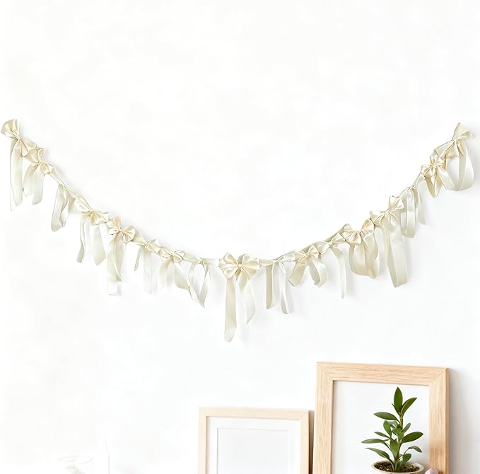 Meseey Ivory Satin Bow Garland Banner, Coquette Decor for Bachelorette Party, Bridal Shower Backdrop, Wedding Engagement Birthday Party Supplies, Photo Booth Props, Ivory Satin Ribbon Bow Decorations
