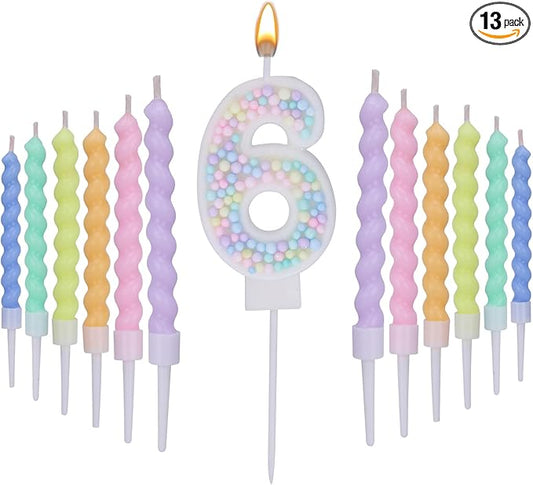 Number 6 Birthday Candles for Cake with 17 Pieces Spiral Candles with Macaron Pastel Rainbow Pink Cake Toppers for Girls Happy Birthday Party Decorations