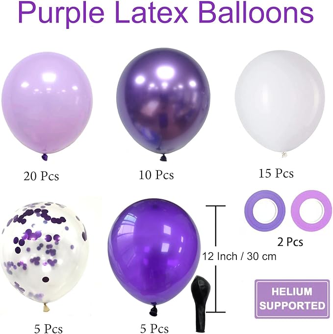 Purple Balloons Lavender Purple Balloon, 50 Pcs 12inch Lavender Lilac Purple Confetti Latex Balloons for Birthday Bridal Shower Wedding Party Decorations