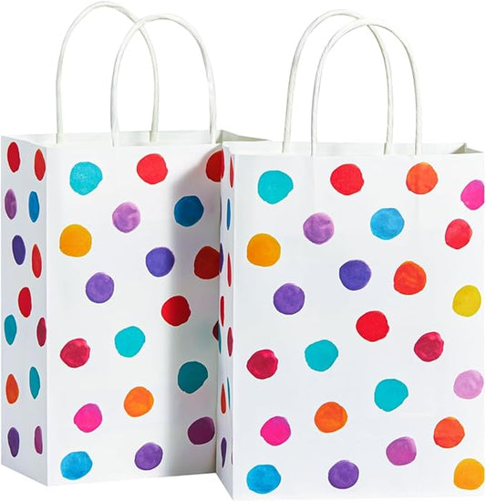 SUNCOLOR 24 Pack Small Paper Gift Bags, Colorful Polka Dot Design, 8.7 x 6.3 x 3.15 Inch, with Handles for Birthday Party Favors
