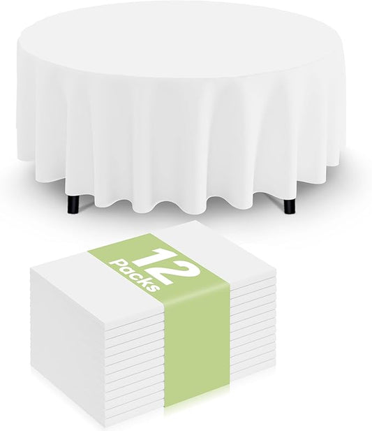 Smiry Disposable Table Cloth 12 Pack, 84 Inch Round Waterproof Plastic Tablecloth, Decorative Rectangle Table Covers for Party, Birthday, Picnic, White