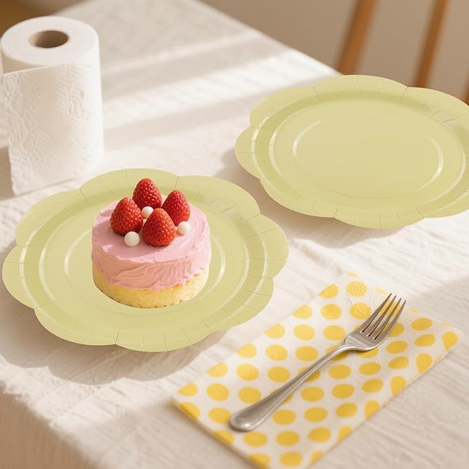 30 Pack Yellow Paper Plates 9 Inch, Disposable Scalloped Plates Cake Dessert Plate for Dinner Baby Shower Wedding Bridal Shower Birthday Party Supplies (Yellow, 9 inch)