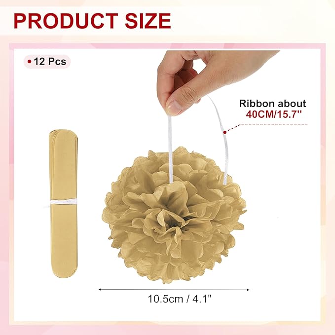 PATIKIL 4inch Tissue Paper Pom Poms, 12PCS Pom Poms Paper Flowers Ball Tissue Paper Flowers for Wedding Bridal Shower Birthday Bachelorette Party Backdrop Decoration, Khaki