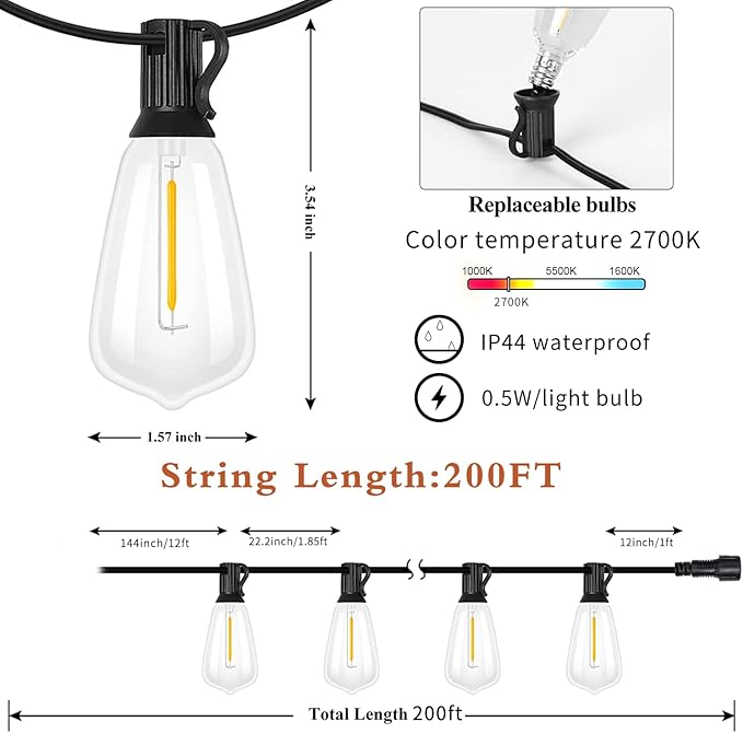 200FT LED Outdoor String Lights, Waterproof Patio Lights with 100+4 Edison Shatterproof Bulbs, Outside Hanging Light, Christmas Decorative for Patio, Cafe, Garden, Bar