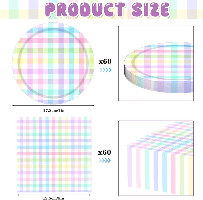Zhehao 120 Pcs Spring Plaid Paper Plates and Napkins Sets 60 Pastel Spring Disposable Plates and 60 Paper Napkins for Baby Shower Birthday Party Decorations Holiday Supplies