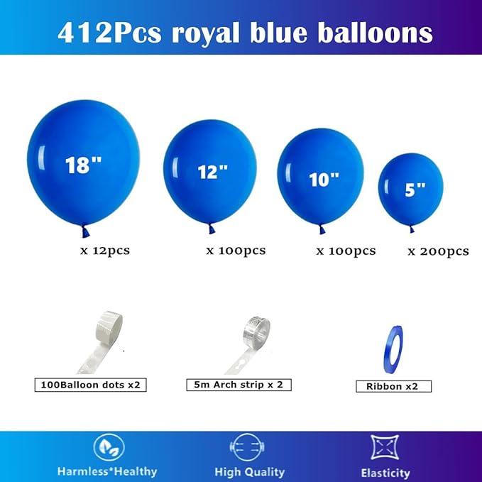 412pcs Royal Blue Balloons 18 12 10 5 Inch Blue Balloon Garland Arch Kit Different Sizes Matte Latex Balloons for Baby Shower Birthday Wedding Party Decorations