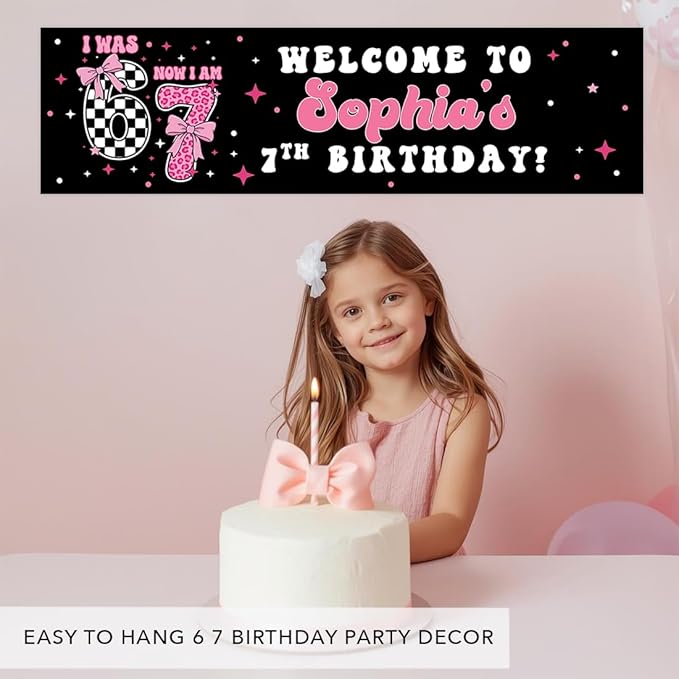 Andaz Press 13x48 Inch Custom 6 7 Birthday Banner Decorations, Personalized Birthday Banner with Custom Name, Coquette Pink Bow 67 Happy Birthday Party Banner for Girls, Home or Party Decor Backdrop