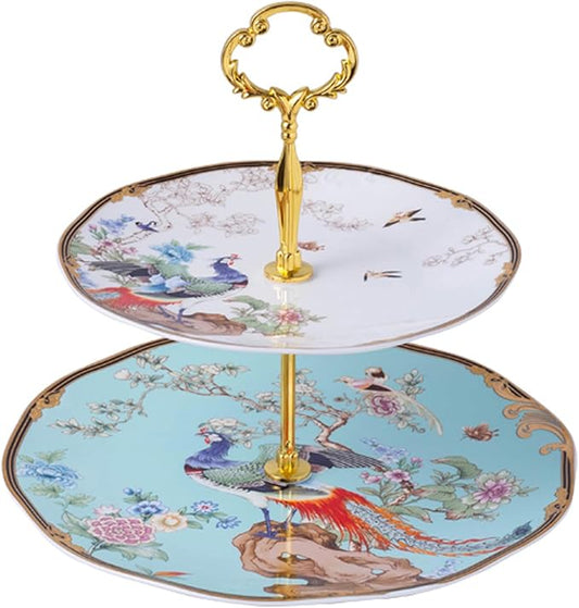 ACMLIFE Afternoon Tea Stand - Porcelain 2-Tier Cake Stand with Vintage Floral Design in Blue Bone China for Tea Parties and Dessert Displays