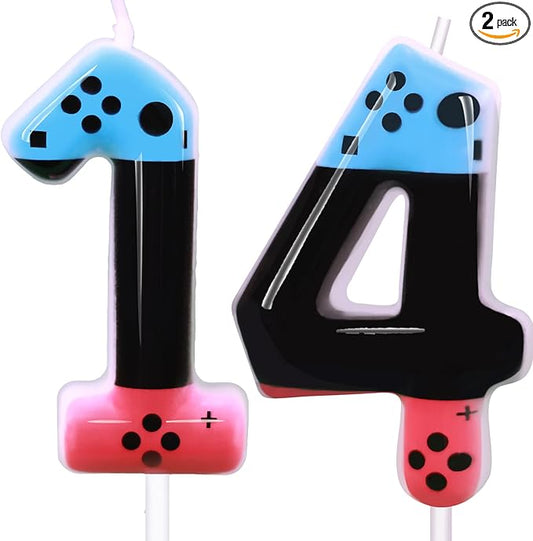 Gaming Candle,Level 14 Number Birthday Cake Candles,14 Birthday Decorations for Boys,14th Birthday Candle Gamepad Birthday Candles,Video Game Controller Themed Birthday Party Supplies (Number 14)